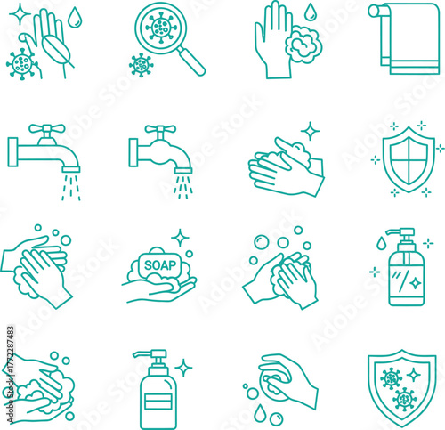 Hygiene and sanitation icons representing hand washing and germ prevention methods