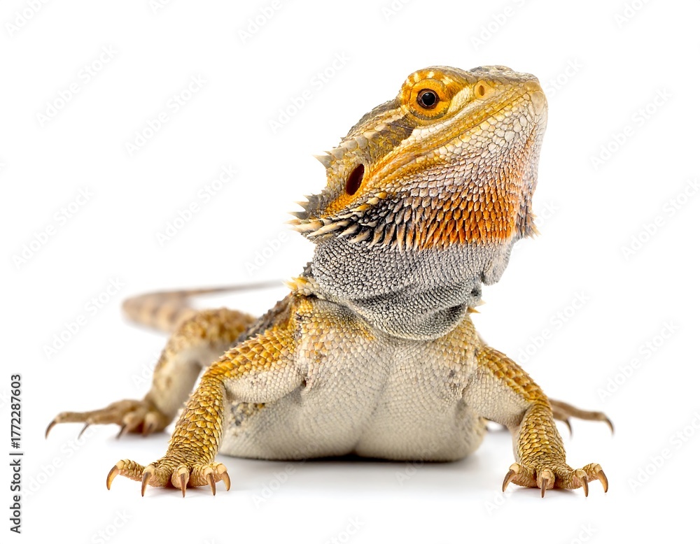 Obraz premium A close-up studio shot showcases a detailed Bearded Dragon, facing upward on white background