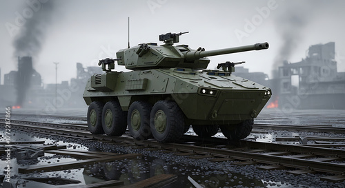 Armored reconnaissance vehicle with multiple wheels in a somber landscape