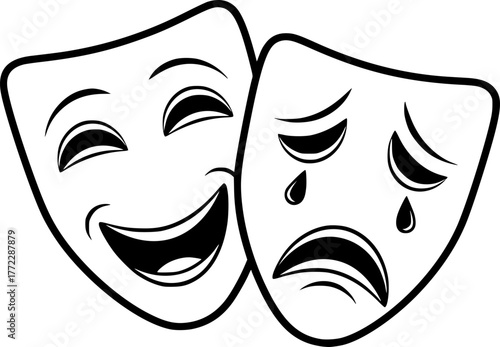 theatre masks, one happy and one sad, black and white, vector illustration