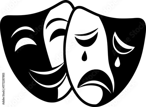 theatre masks, one happy and one sad, black and white, vector illustration