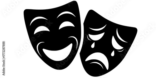 theatre masks, one happy and one sad, black and white, vector illustration