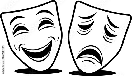 theatre masks, one happy and one sad, black and white, vector illustration