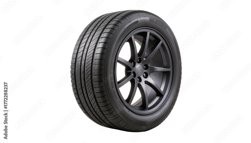 Obraz premium Black rubber car wheel with alloy rim isolated on a white background.