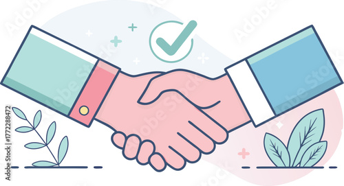 Professional handshake signifies successful partnership with a green checkmark of approval and flourishing growth elements.