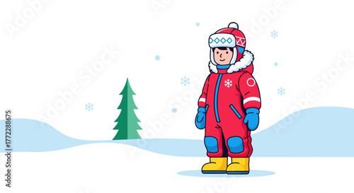 Child wearing a colorful snowsuit and boots in a snowy winter landscape