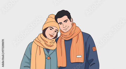 Couple wearing cozy woolen scarves and smiling warmly in a casual setting