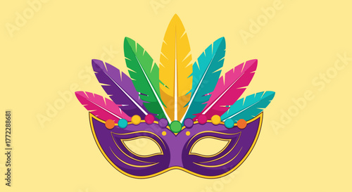 Colorful feather mask for Mardi Gras celebration on a bright background