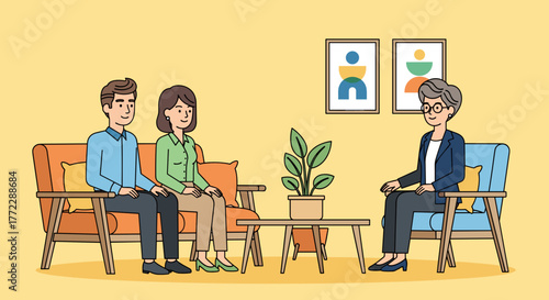 Couple engaging in counseling session with therapist in a warm and inviting setting