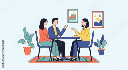Couple meeting with counselor in a bright and modern office space