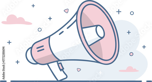Dynamic megaphone announcing important news with playful cloud and starburst elements, perfect for marketing campaigns and announcements.