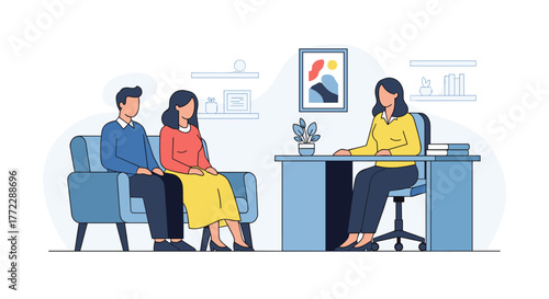Couple meeting counselor for relationship advice in cozy office setting