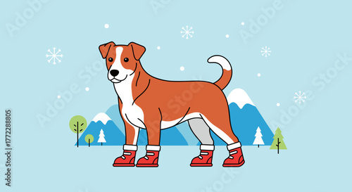Playful dog wearing red booties in a snowy landscape, ready for outdoor winter fun