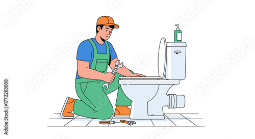 Plumber repairing a toilet in a bathroom, showcasing plumbing skills and maintenance work