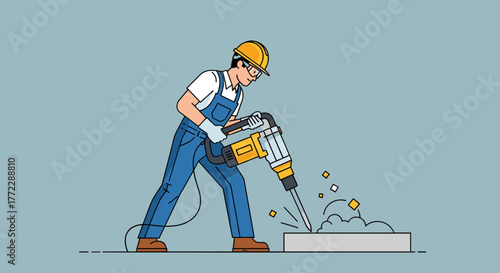 Construction worker operating an electric demolition hammer, engaged in building renovation