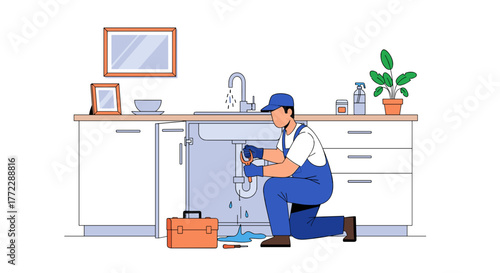 Plumber fixing a sink in a kitchen, showcasing home maintenance and repair work