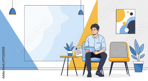 Young man sitting in a modern waiting area, using a tablet with stylish decor and plants