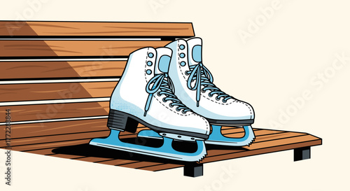 Pair of ice skates resting on a wooden bench, ready for winter activities and skating