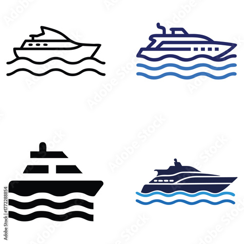 Collection of four yacht icons on water in different styles