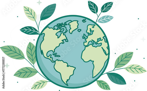 Nurturing our planet, vibrant earth surrounded by fresh green leaves and gentle stars, symbolizing growth and environmental care.