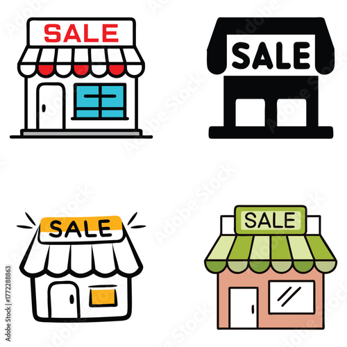Four stylized shop icons with sale signs for retail promotions