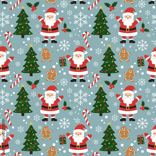 Seamless Christmas pattern flat cartoon Santa, Christmas trees, gingerbread men, candy canes, and snowflakes on blue background