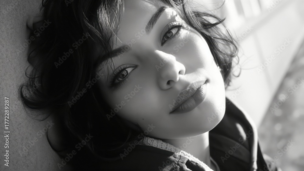 Fototapeta premium Striking black and white portrait of a young woman with captivating eyes and a pensive expression, bathed in natural light, evoking a sense of introspection and quiet beauty