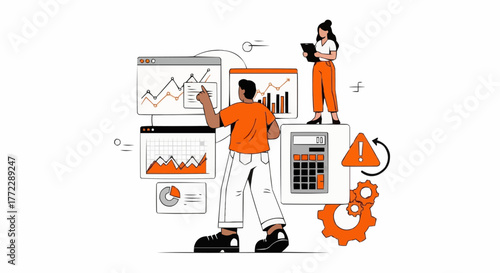 Two stylized human figures are depicted in a flat, vector illustration, set against a stark white background. The primary figure, a person of unspecified ethnicity and age, is seen from the back, wear