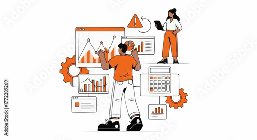 Two stylized human figures are depicted in a flat, vector illustration, set against a stark white background. The primary figure, a person of unspecified ethnicity and age, is seen from the back, wear