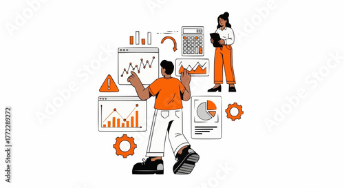 Two stylized human figures are depicted in a flat, vector illustration, set against a stark white background. The primary figure, a person of unspecified ethnicity and age, is seen from the back, wear