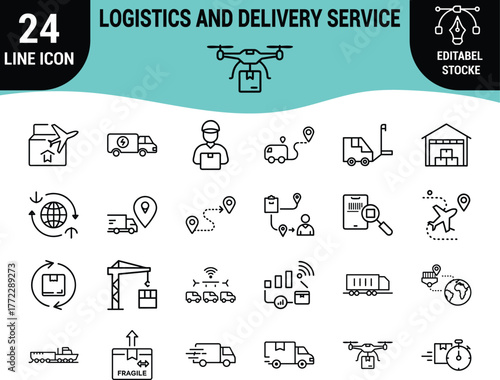 Web24 Logistics and Delivery Service Line Icons Set: Global Shipping, Fast Freight, Package Tracking, Drone Delivery, Warehouse Management, and Supply Chain Graphics - Editable Stroke Vector Pack