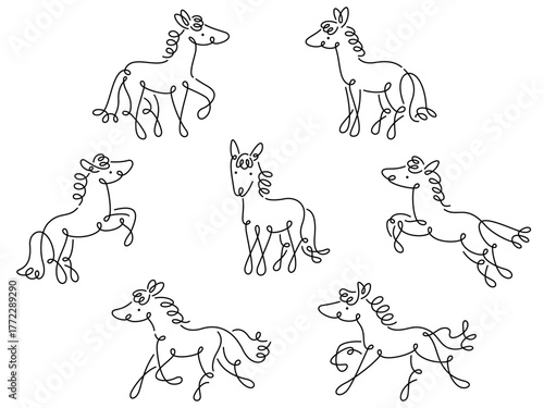 カリグラフィー線の馬のイラストセット