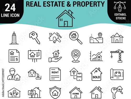 Web24 Real Estate and Property Line Icons Set: Buying, Selling, Renting, Home Search, Construction, Investment, and Smart House Graphics - Editable Stroke Vector Collection
