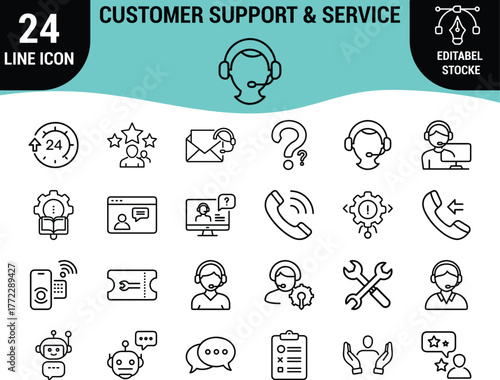 Web24 Customer Support and Service Line Icons Set: Help Desk, Call Center, Technical Assistance, 24/7 Service, Chatbot, Feedback, and Communication Graphics - Editable Stroke Vector Pack