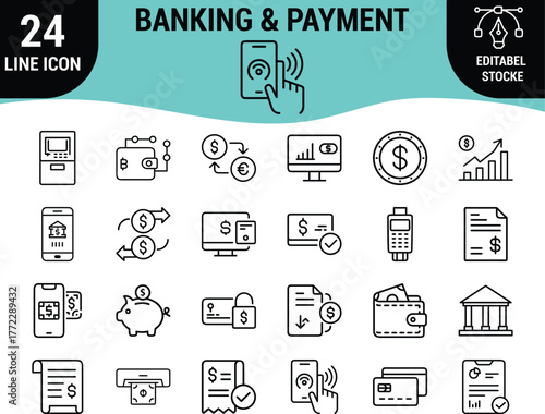 24 Banking and Payment Line Icons Set: Financial Transactions, Digital Money, ATM, Wallet, Credit Cards, Mobile Banking, and Investment Graphics - Editable Stroke Vector Illustration