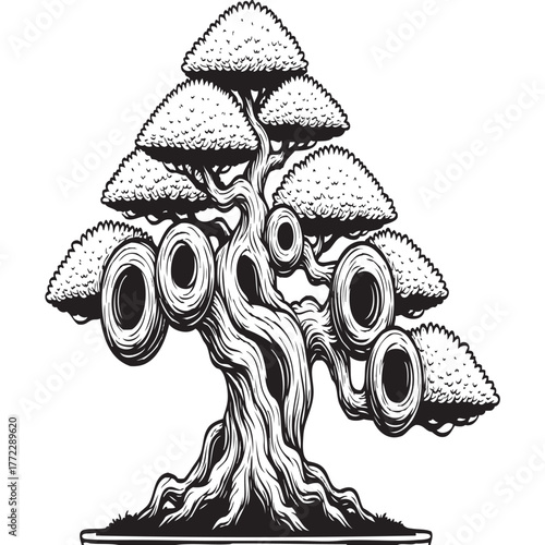 Unique bonsai tree illustration in black and white art style
