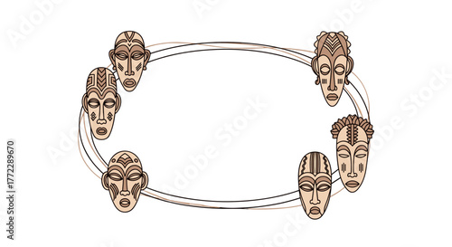 Cultural African masks arranged in an oval design, representing diversity and heritage