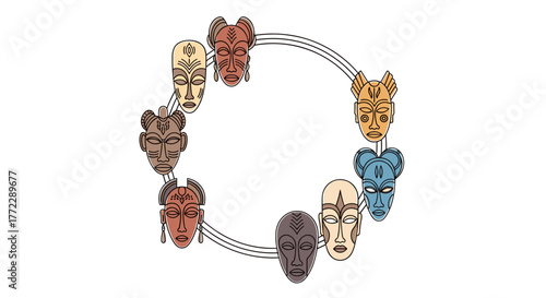 Cultural African masks arranged in a circular design, symbolizing heritage and tradition