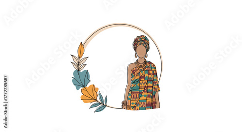 Woman in vibrant traditional dress framed by floral elements, symbolizing culture and beauty
