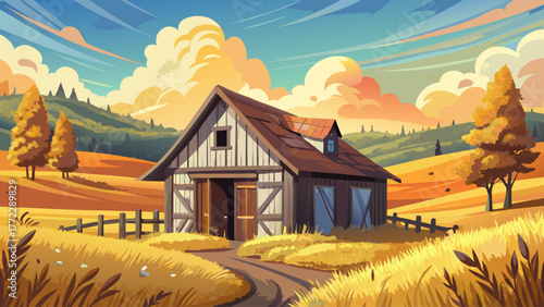 vector of an old rustic stable, warm afternoon sun, golden field, nostalgic countryside scenery