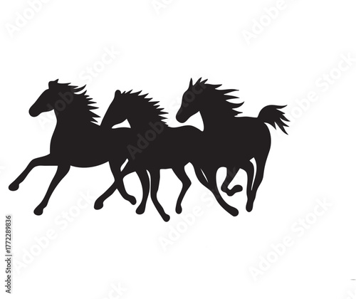 Dynamic silhouette of wild horses running across a landscape