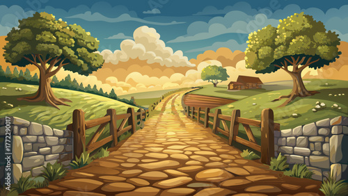 vintage vector of an old cobblestone road leading through farmland, wooden gate, cloudy sky, warm nostalgic rural atmosphere