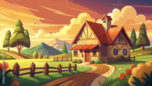 Vector of an ancient farmhouse with wooden fence and haystack, surrounded by green fields, warm evening light, nostalgic countryside mood