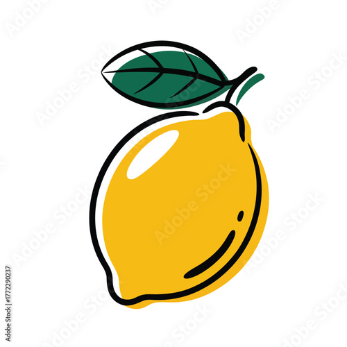Bright yellow ripe lemon citrus fruit drawing with green leaf healthy food ingredient hand drawn sketch vector