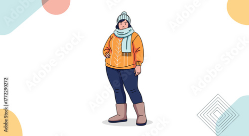 Plump woman wearing warm winter clothing and felt boots, cheerful outdoor pose with colorful background