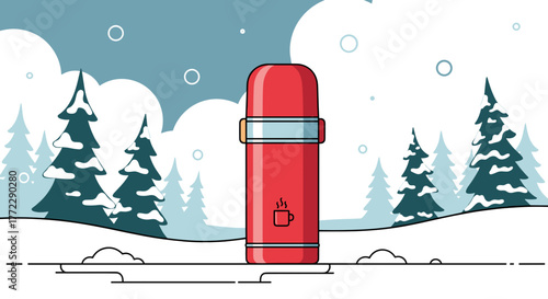 Red thermos in winter forest with snow, cozy scene featuring pine trees and snowflakes