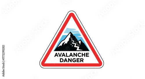 Avalanche warning sign featuring mountain graphic, triangular alert symbol for winter safety