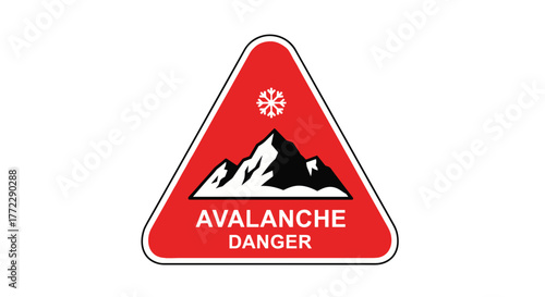 Avalanche warning sign with mountain graphic, red alert symbol for winter safety