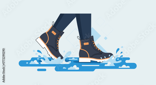 Person walking through slush wearing stylish boots, dynamic splash in wet environment
