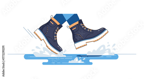 Person joyfully stepping in slush wearing stylish boots, dynamic splash with water and energy